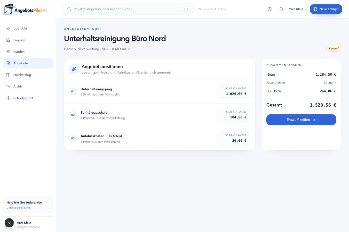 Aktueller AngebotsPilot Angebotsentwurf