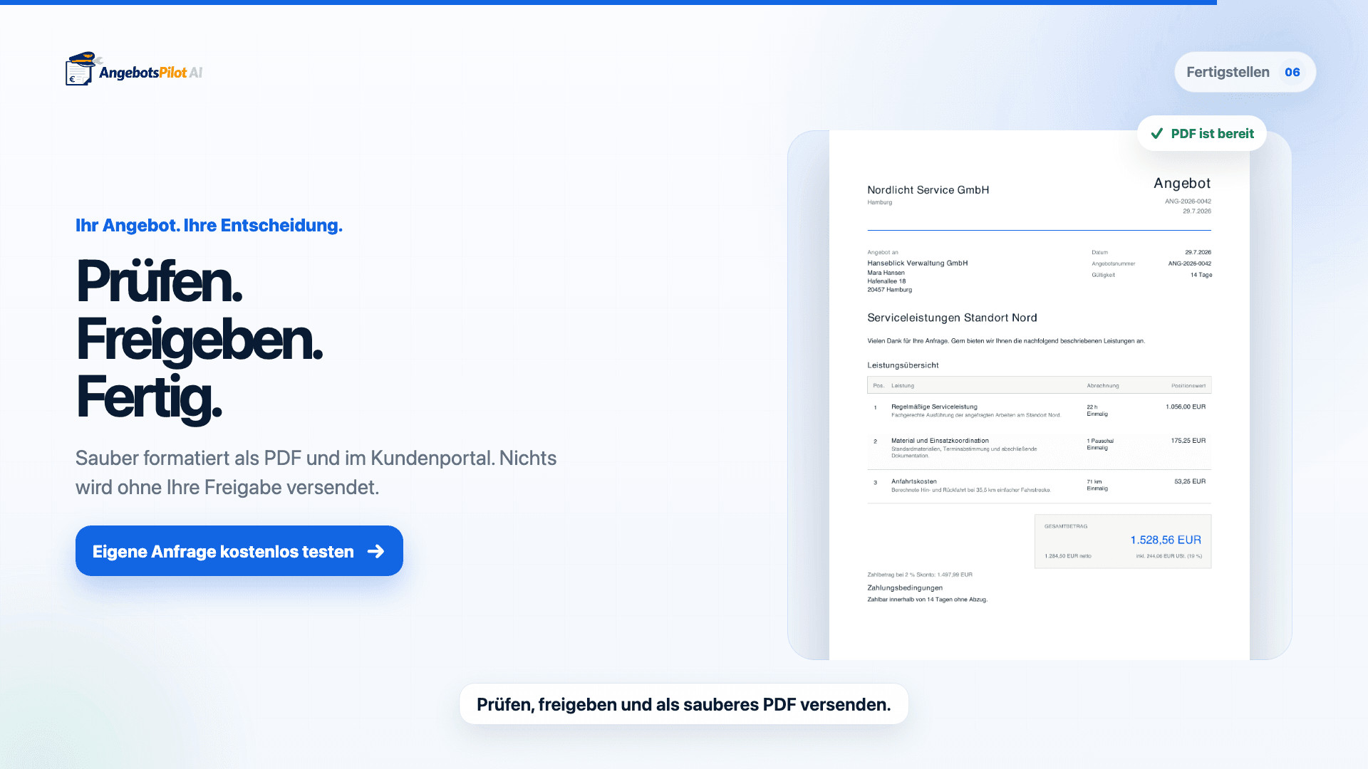 Vorschau der AngebotsPilot Produkt-Demo mit Angebots-PDF