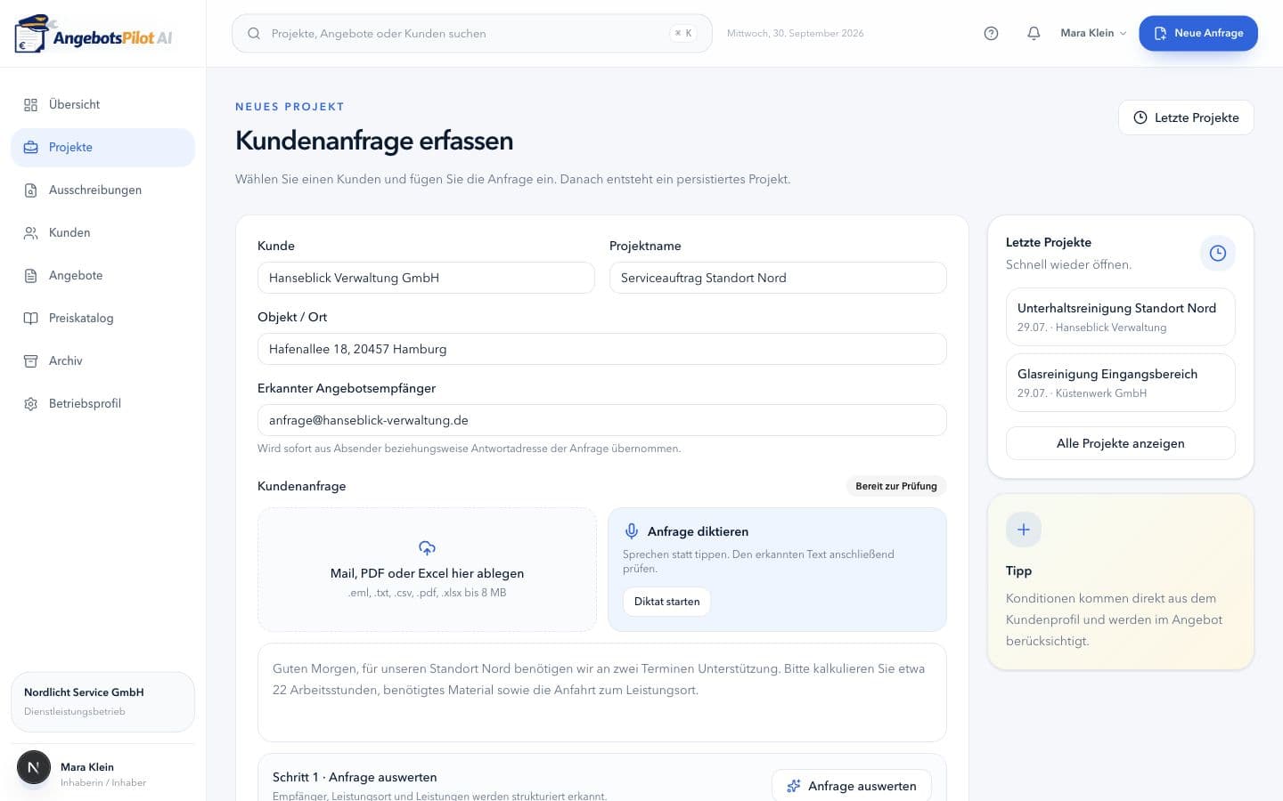 Anfrage erfassen und diktieren