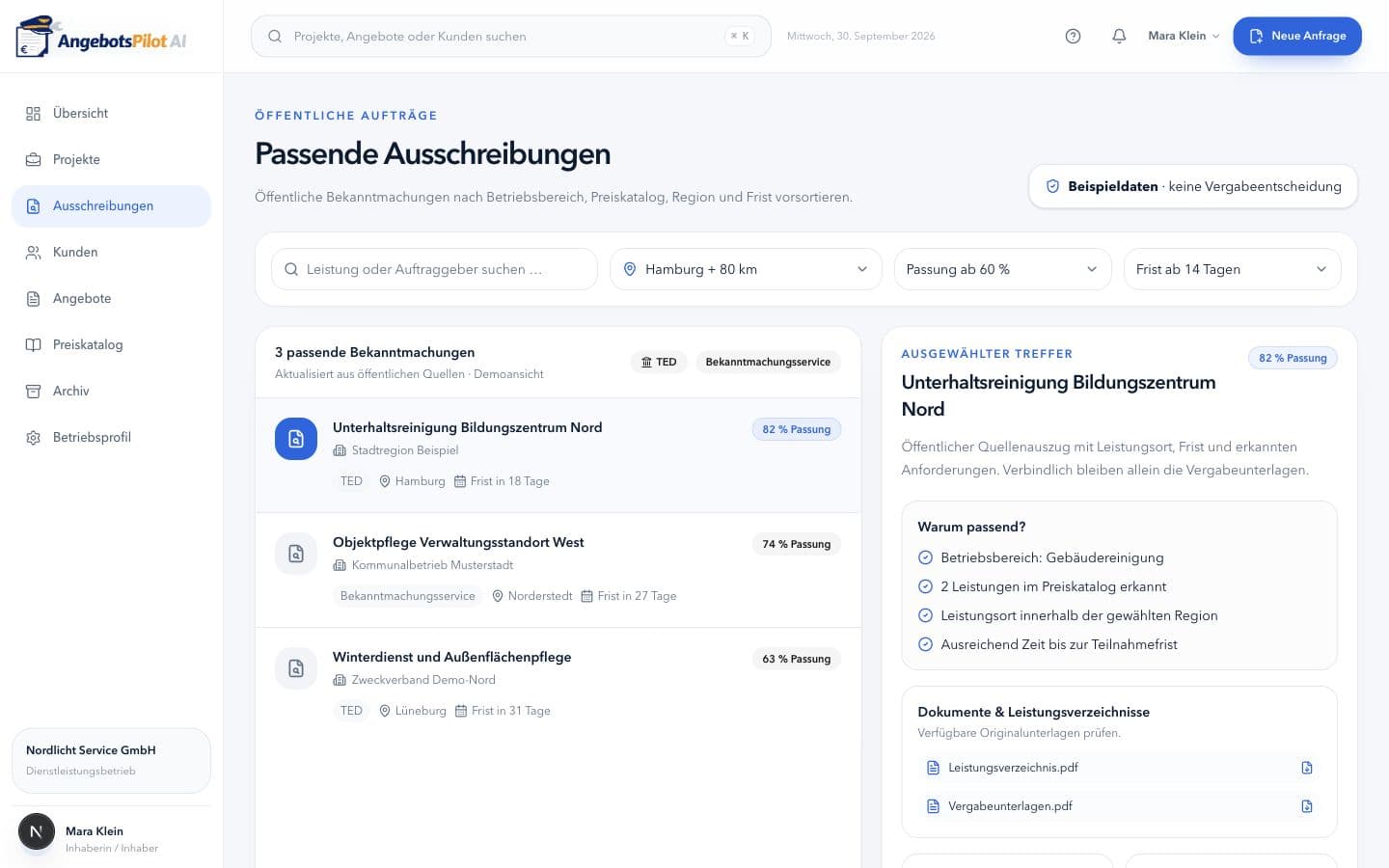 Anonymisierte Ausschreibungsansicht mit Treffern und verfügbaren Unterlagen